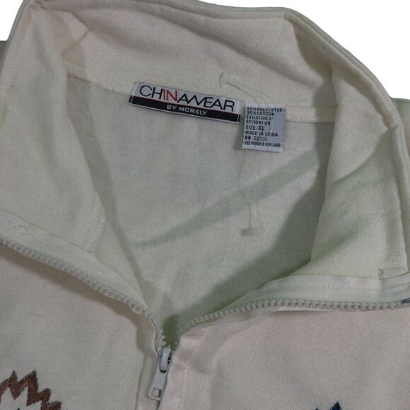 Chinawear by Morsly Sweatshirt Womens XL Ivory Embroidered Half-Zip Mock Neck - Picture 6 of 10
